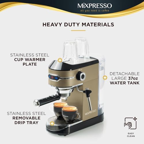 Mixpresso Professional Espresso Machine for Home 15 Bar with Milk Frother Steam Wand, Espresso Maker with Double-Cup Splitter 1450w Fast Heating