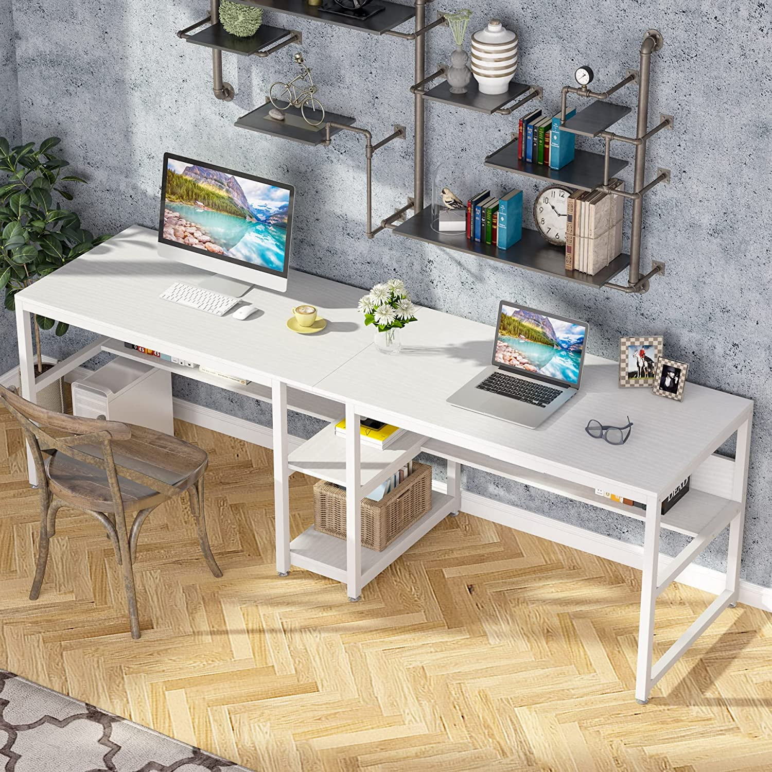 Tribesigns Double Computer Office Desk with 2 Ter Storage Shelf, Modern White Training Table