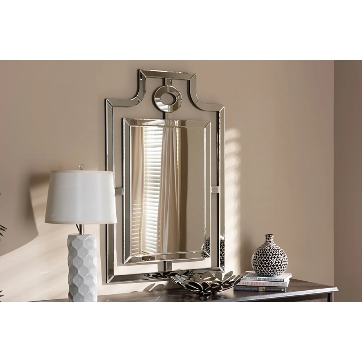 Baxton Studio Iria Modern and Contemporary Silver Finished Pagoda Wall Accent Mirror,Wholesale Interiors