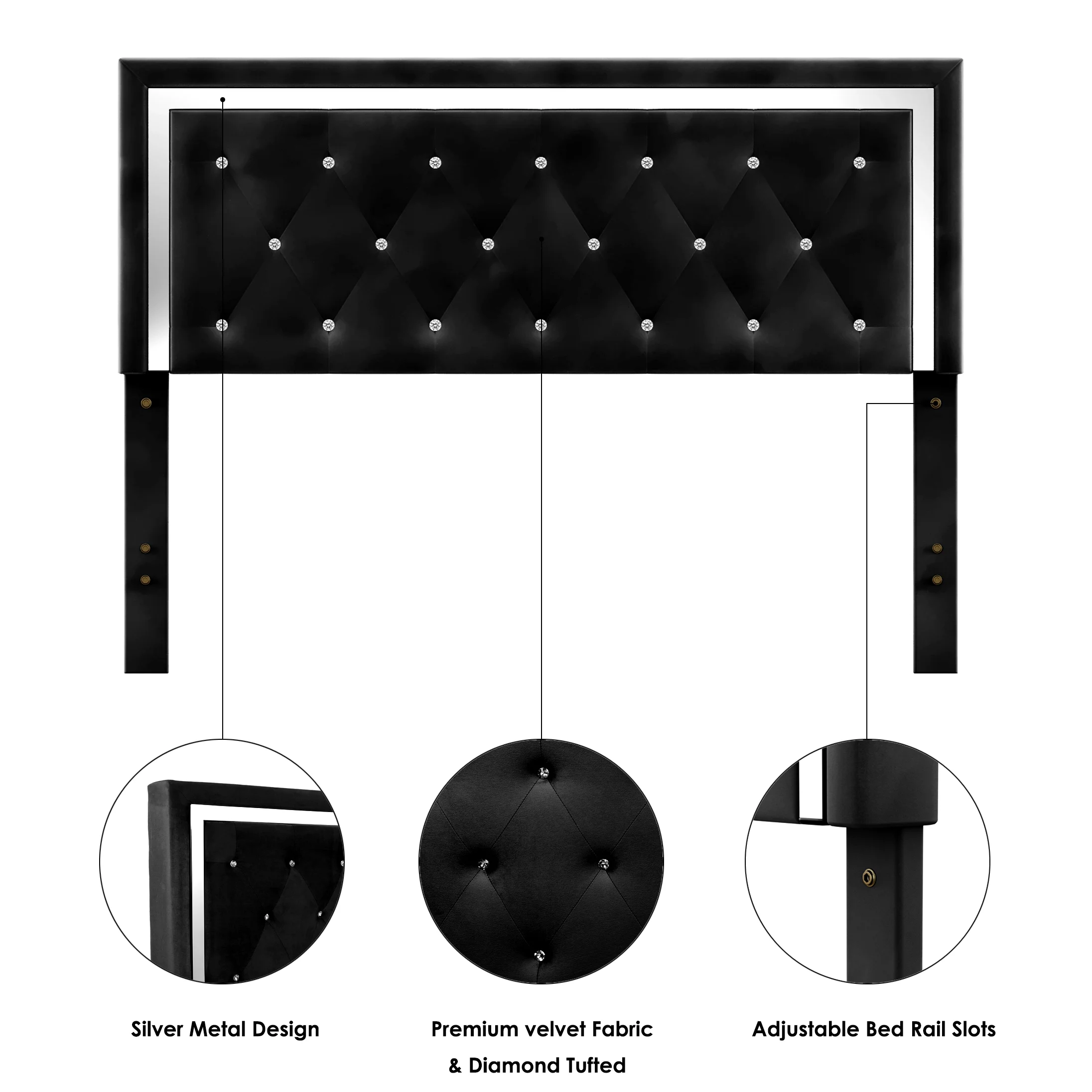 Homfa Queen Size Bed Frame with Adjustable Headboard, Diamond Tufted Upholstered Platform Bed, Black