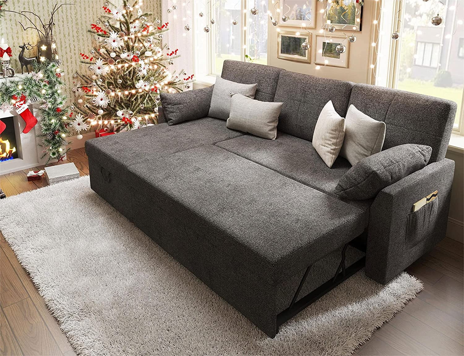 Amerlife Sofa Bed, Sleeper Sofa with Storage Chaise- Pull Out Couch for Living Room, Gray Chenille