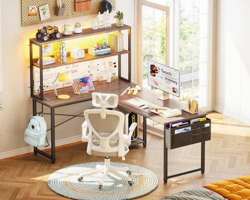 AODK L Shaped Desk Gaming Desk with LED Light & Power Outlet