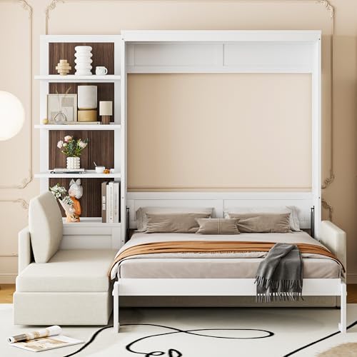 Harper & Bright Designs Queen Size Murphy Bed, Wood Queen Wall Bed with Sofa and Shelves, White