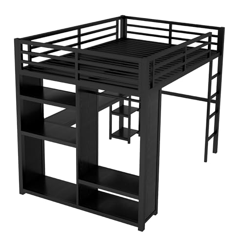 Bellemave Queen Size loft Bed with L Desk, Wardrobe, Metal Queen Loft Bed Frame for Adults, Kids, Teens, Black