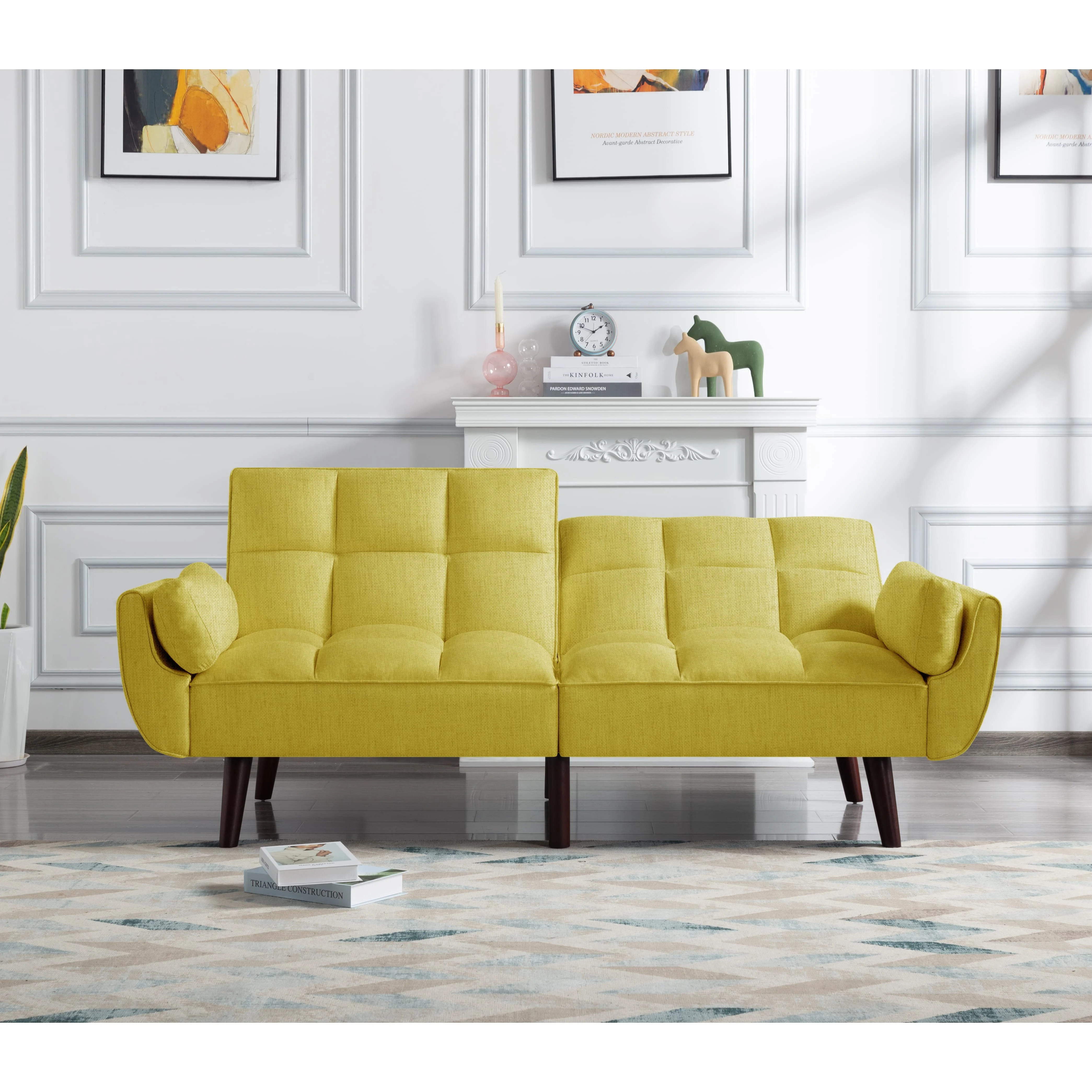 BSHTI 74.4 inch Foam Futon Sofa Bed,Converted Futon Sofa Sleeper with 2 Pillows for Livingroom(Yellow)