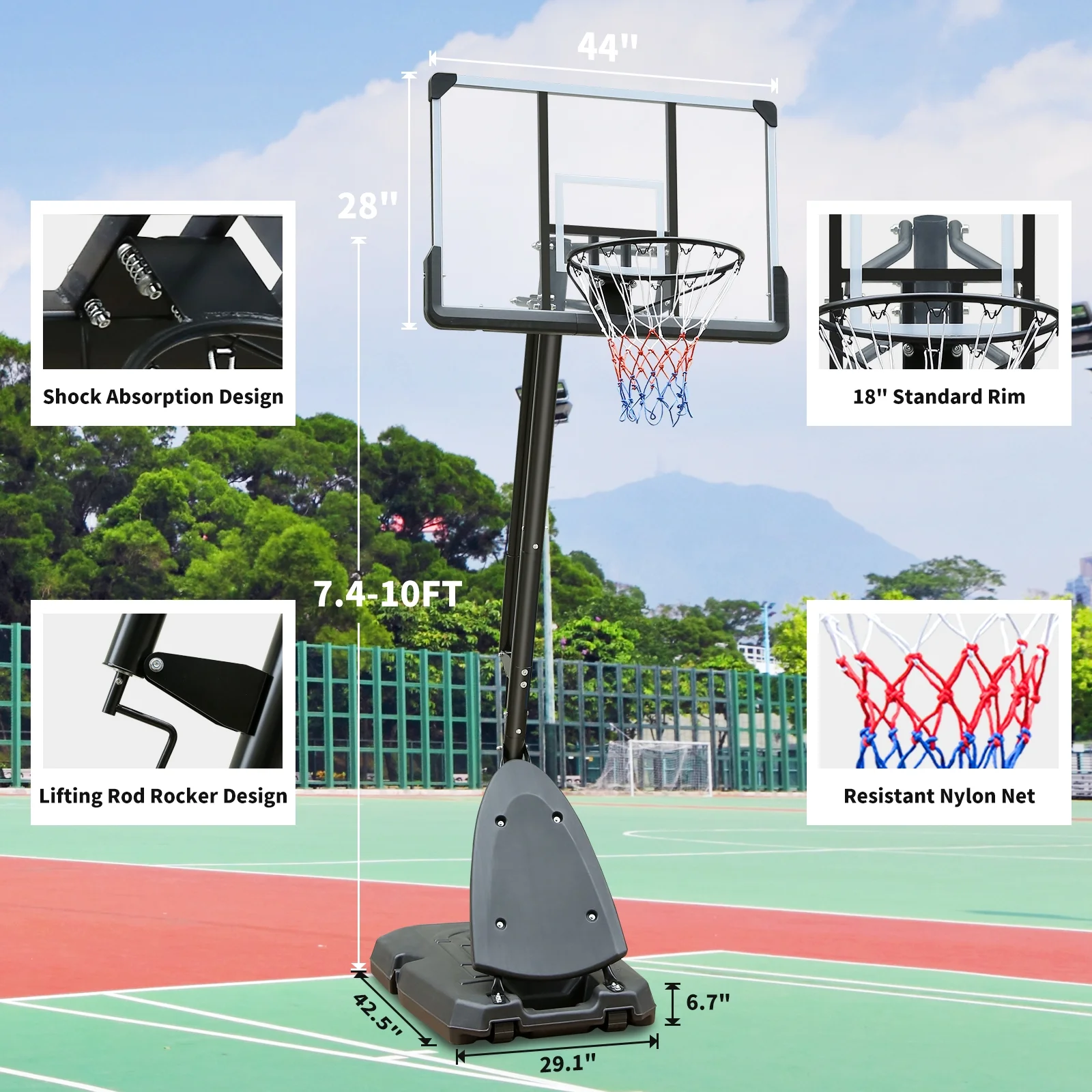 GIKPAL 44" Portable Basketball Hoop System,Height Adjustable 7.5-10FT with 44" shatterproof Backboard for Kids/Adults Indoor Outdoor with Wheels