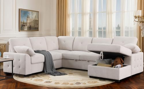 L-Shaped Pull Out Sleep Sofabed,Modern Reversible Sleeper Sectional Sofa Chenille Upholstered Button Tufted Decor with Storage Chaise