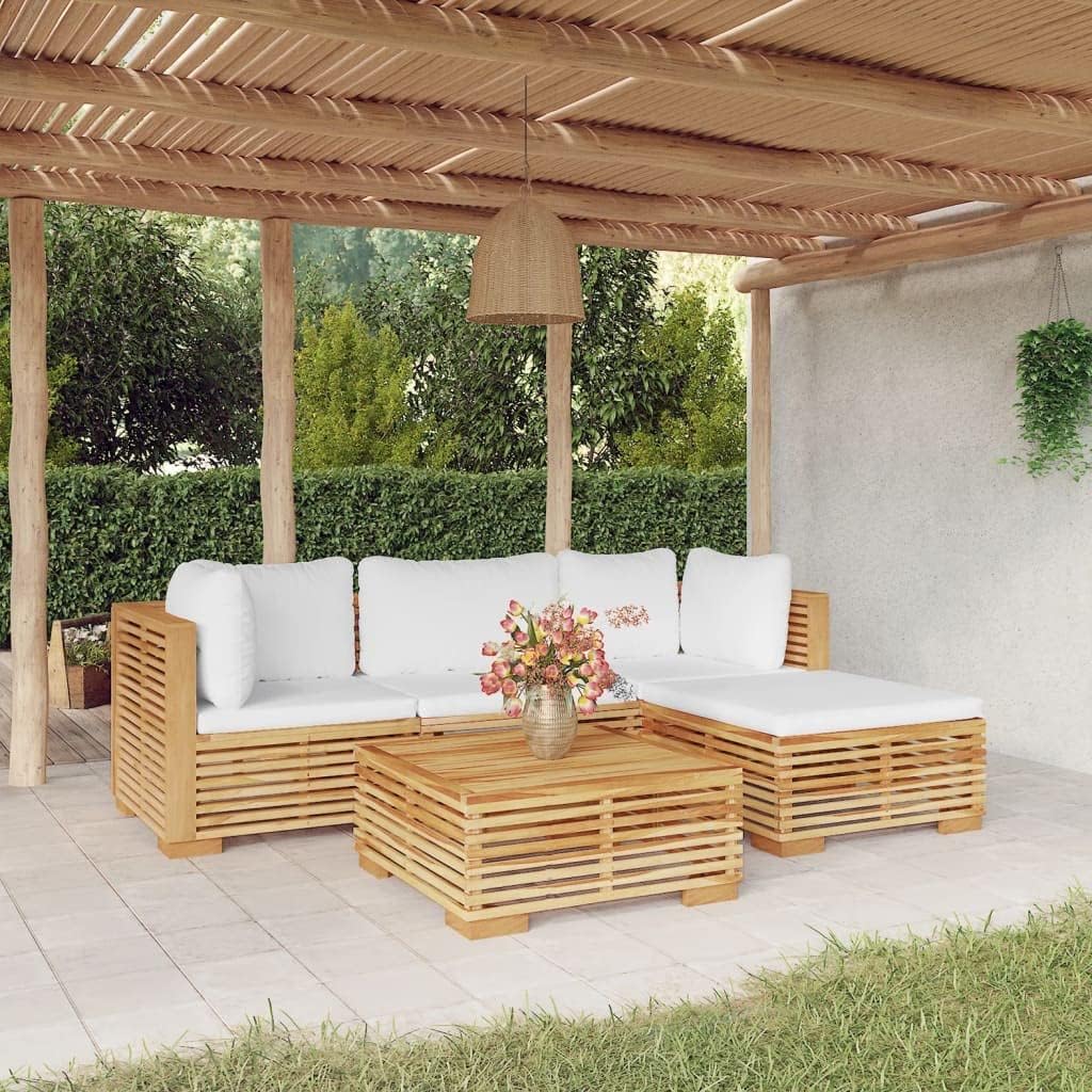 5 Piece Patio Lounge Set with Cushions Solid Wood Teak