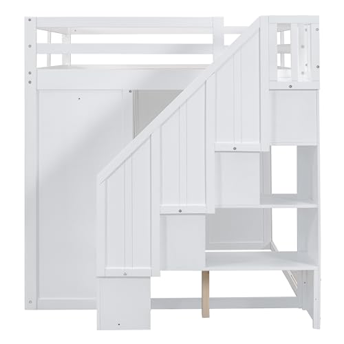 Harper & Bright Designs Twin Size Loft Bed with L-Shaped Desk and Stairs, Solid Wood Loft Bed Frame with Storage Drawers and Bookcase