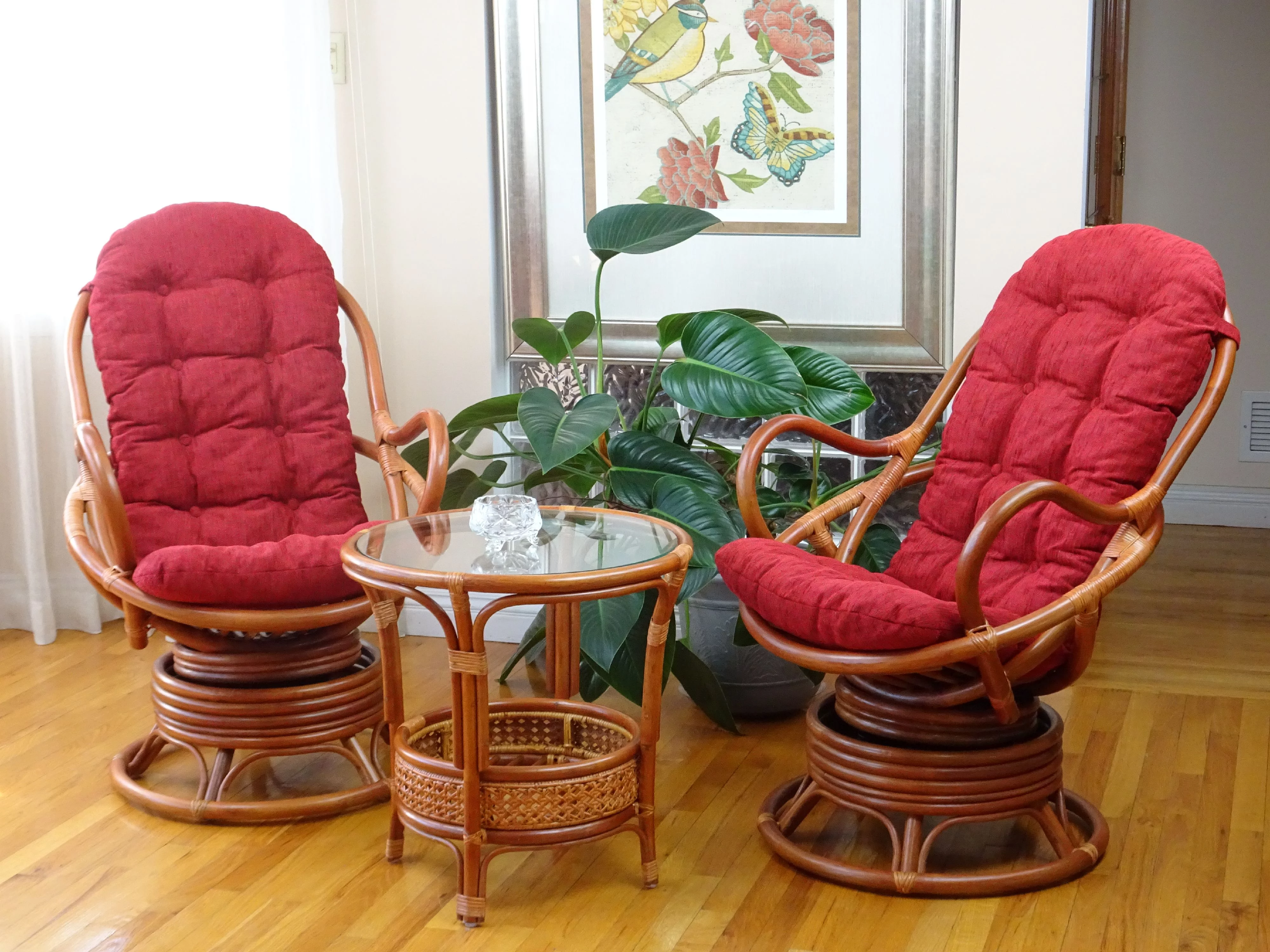 SK New Interiors Java Swivel Rocking Lounge Chair Natural Rattan Wicker with Burgundy Cushion, Colonial
