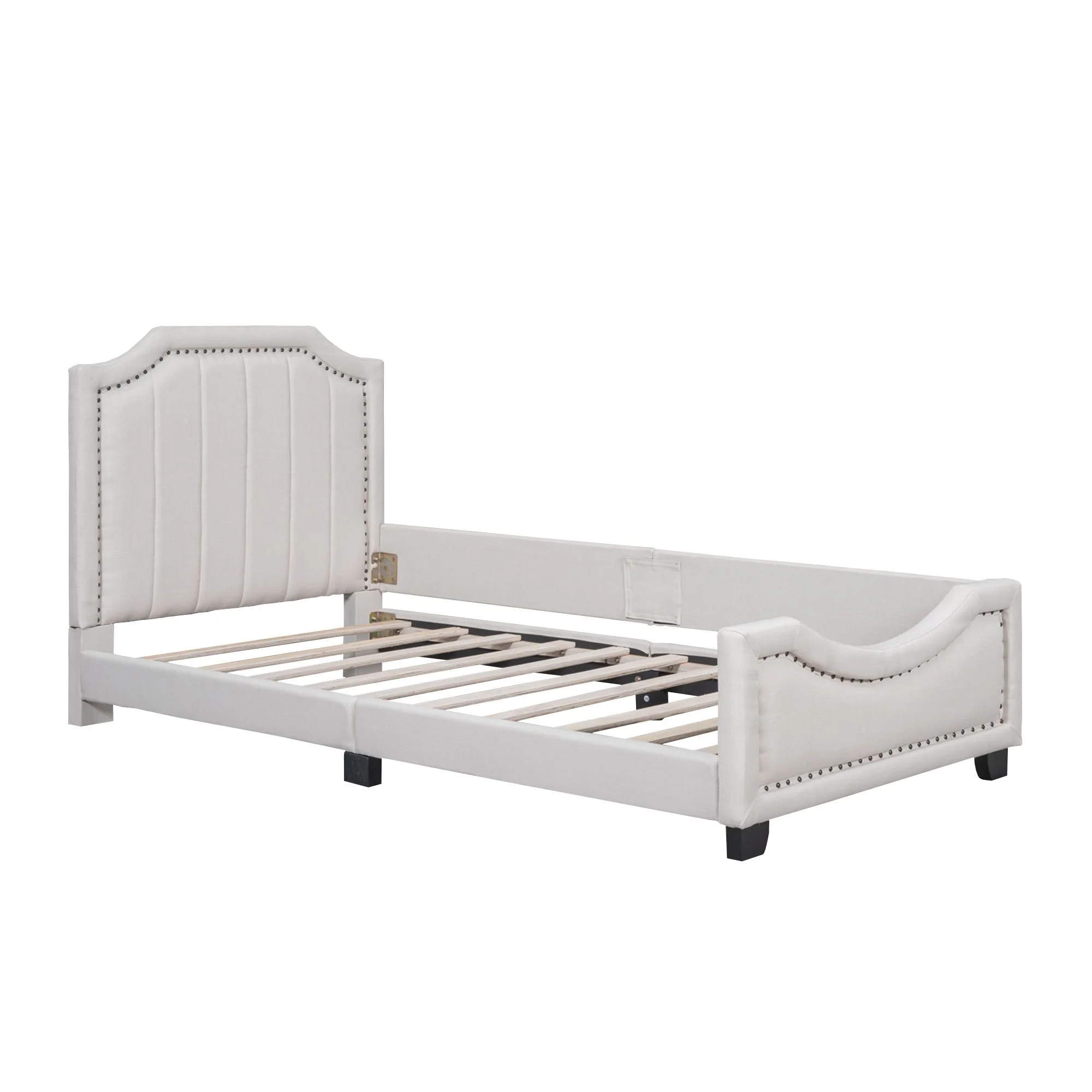 Twin Storage Upholstered Platform Bed Mattress Foundation with Nailhead Trim Decoration and Guardrail