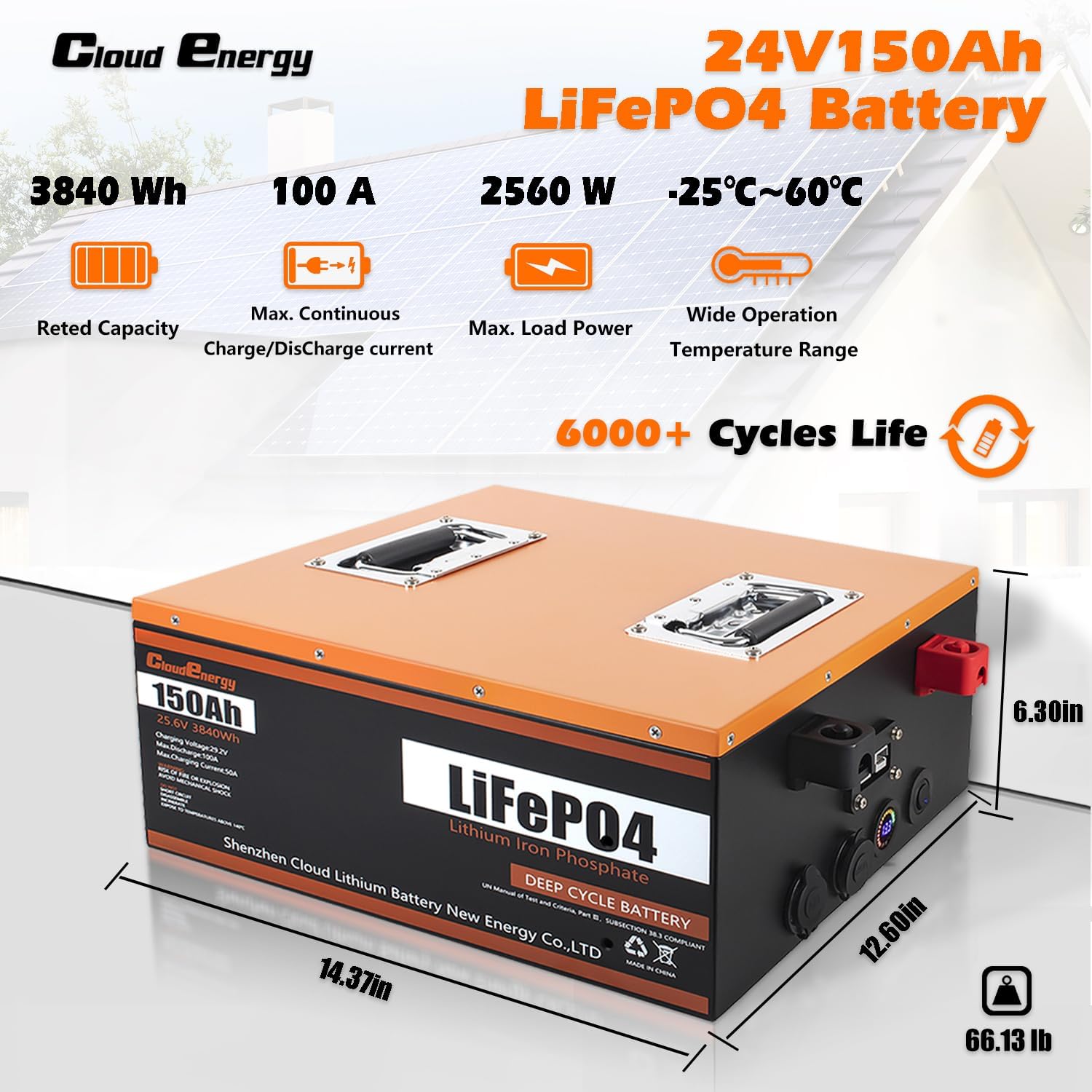 24V 150Ah 3.84kWh Deep Cycle LiFePO4 Battery with Longer Runtime, Built-in 100A BMS, 6000+Cycles & 10 Year Lifetime
