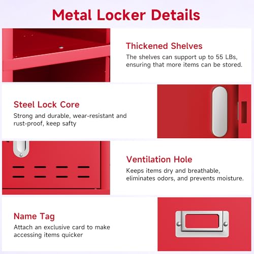Locker Metal Storage Cabinet, Steel Office Storage Lockable Lockers for Employees Kids School Gym Home Garage Locker with Mirror & Hooks (5 Doors