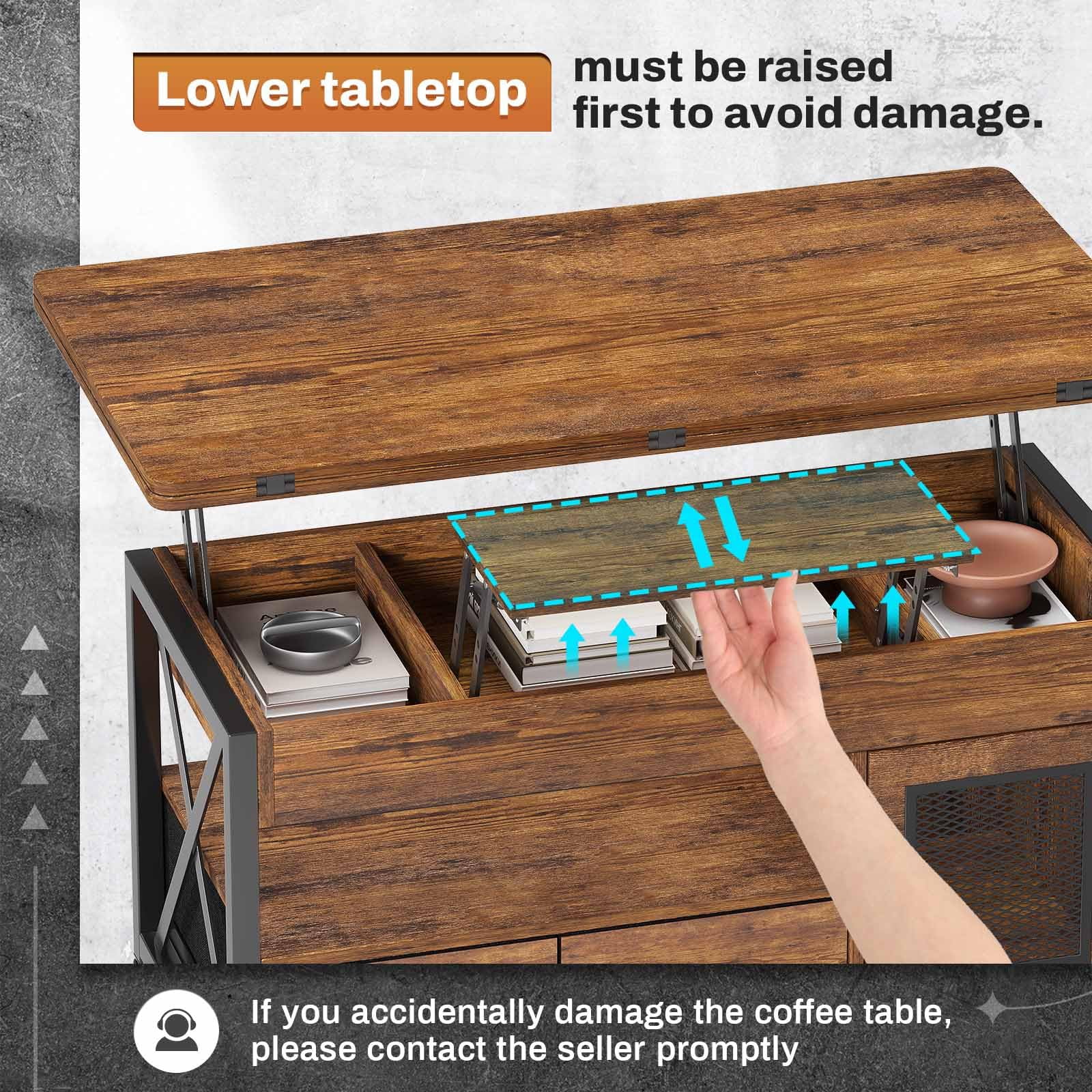 Afuhokles 40" Lift Top Coffee Table, 4 in 1 Coffee Tables with Storage Cabinet for Living Room, 2 Fabric Drawers and LED Light, Rustic Brown