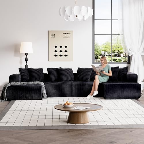 131" Modular Sectional Sofa Cloud Couch, Corduroy Memory Foam Black Sectional Couches for Living Room, Modern Deep Seat Boneless Sofa