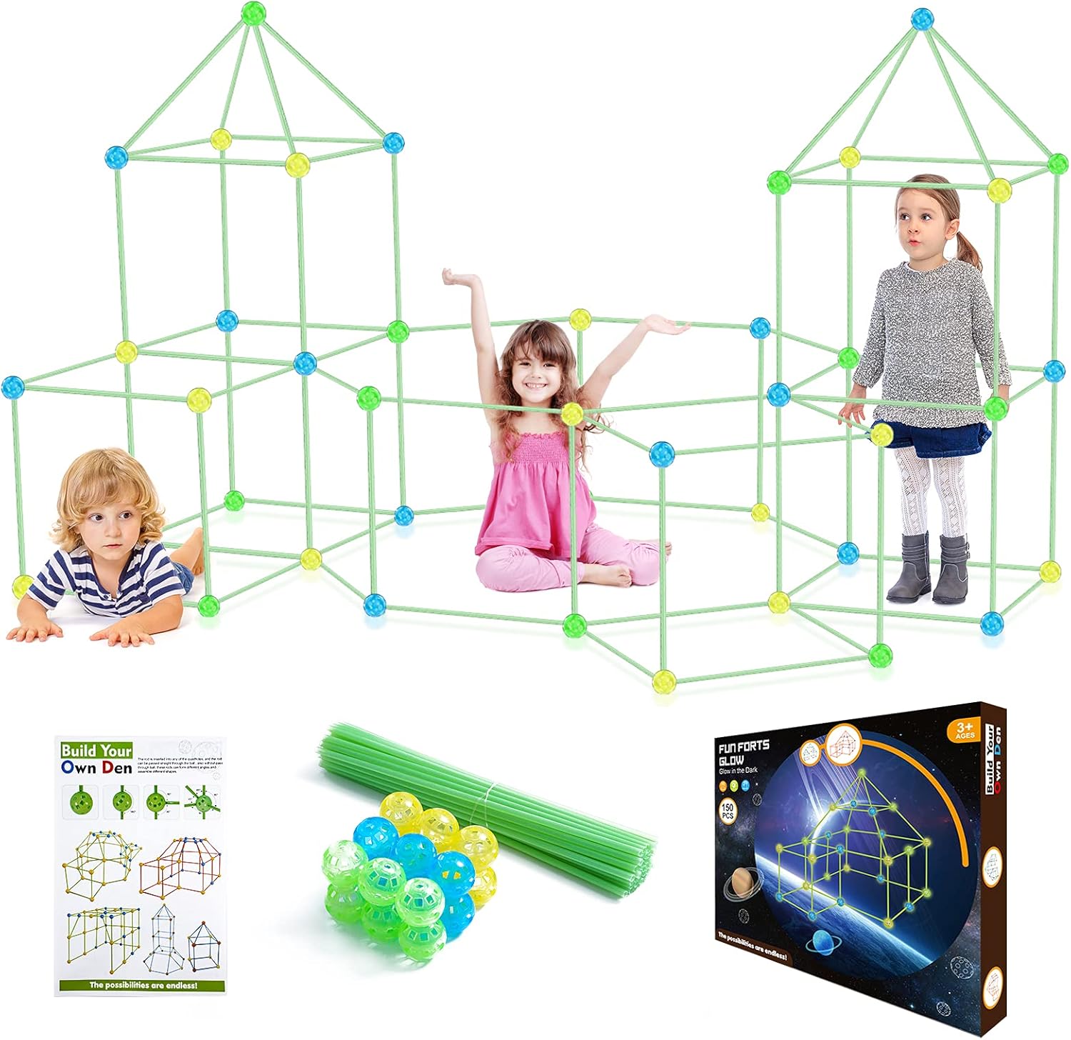 150Pcs Glow Fort Building Kits, Indoor and Outdoor Toys for 3 4 5 6 7 Years Old Boys and Girls, DIY Building Tents for Kids