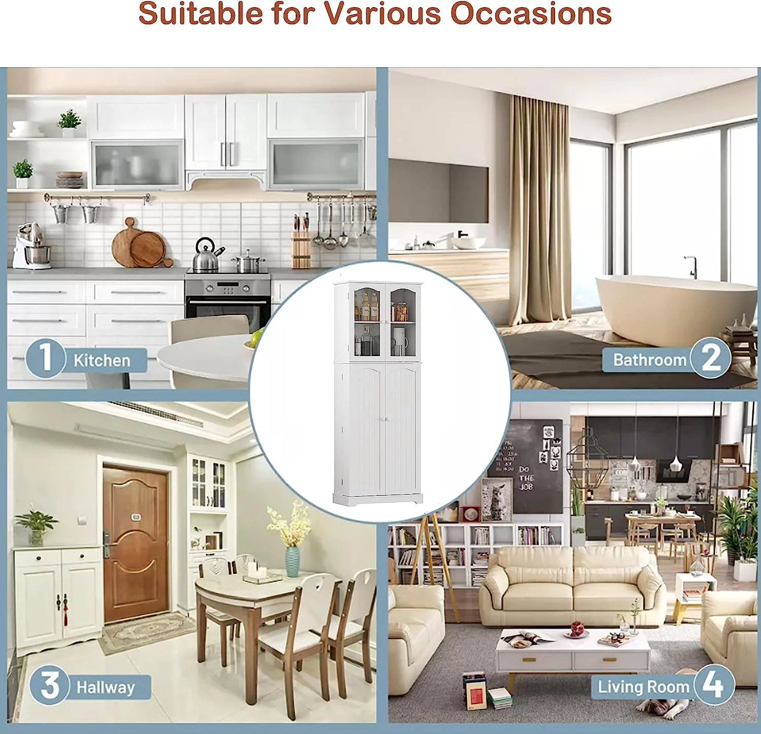 HOMEFORT 64" Kitchen Pantry Cabinet, Modern Tall Cabinet with MDF board and Adjustable Shelves