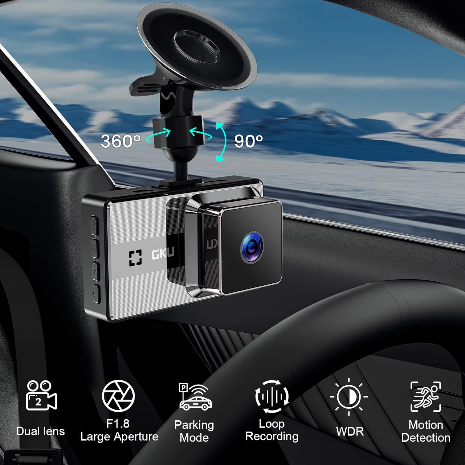 GKU Dash Cam Front and Rear Full HD Dual 1080P Dash Camera for Cars, 170° Wide Angle Backup Car Camera with Super Night Vision