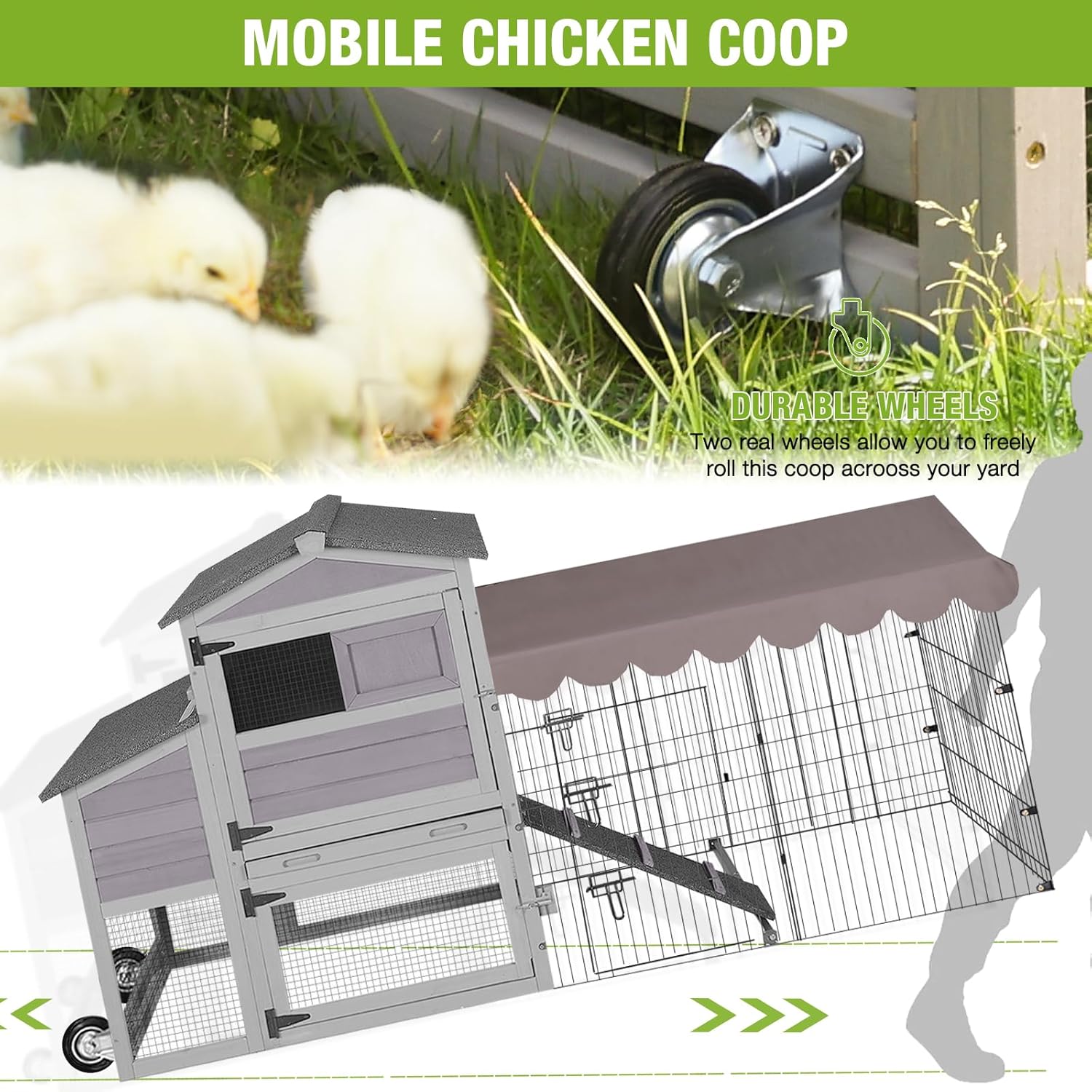 Mobile Chicken Coop 79" Large All-Steel Frame Hen House Poultry Cage with Metal Run,Waterproof Rain Cover