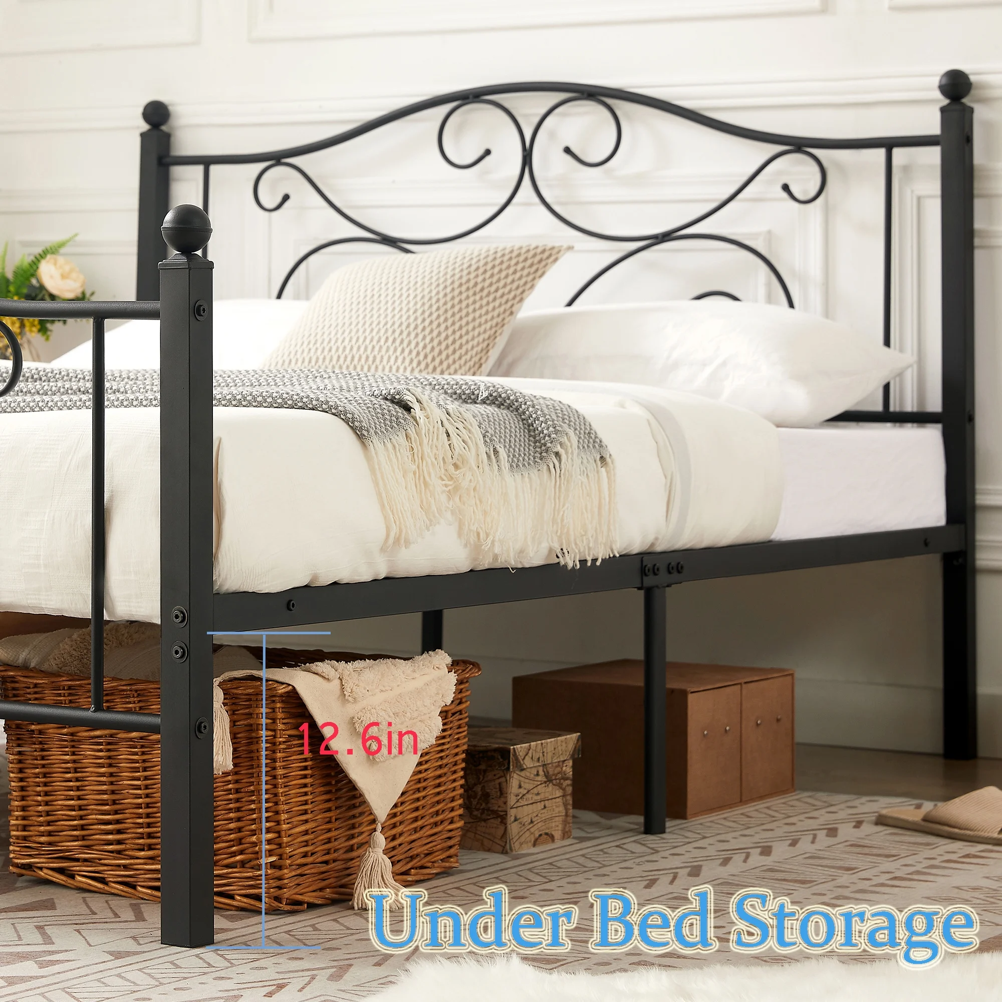 VECELO Metal Platform Bed Frame with Victorian Headboard and Footboard, Full Size, Black