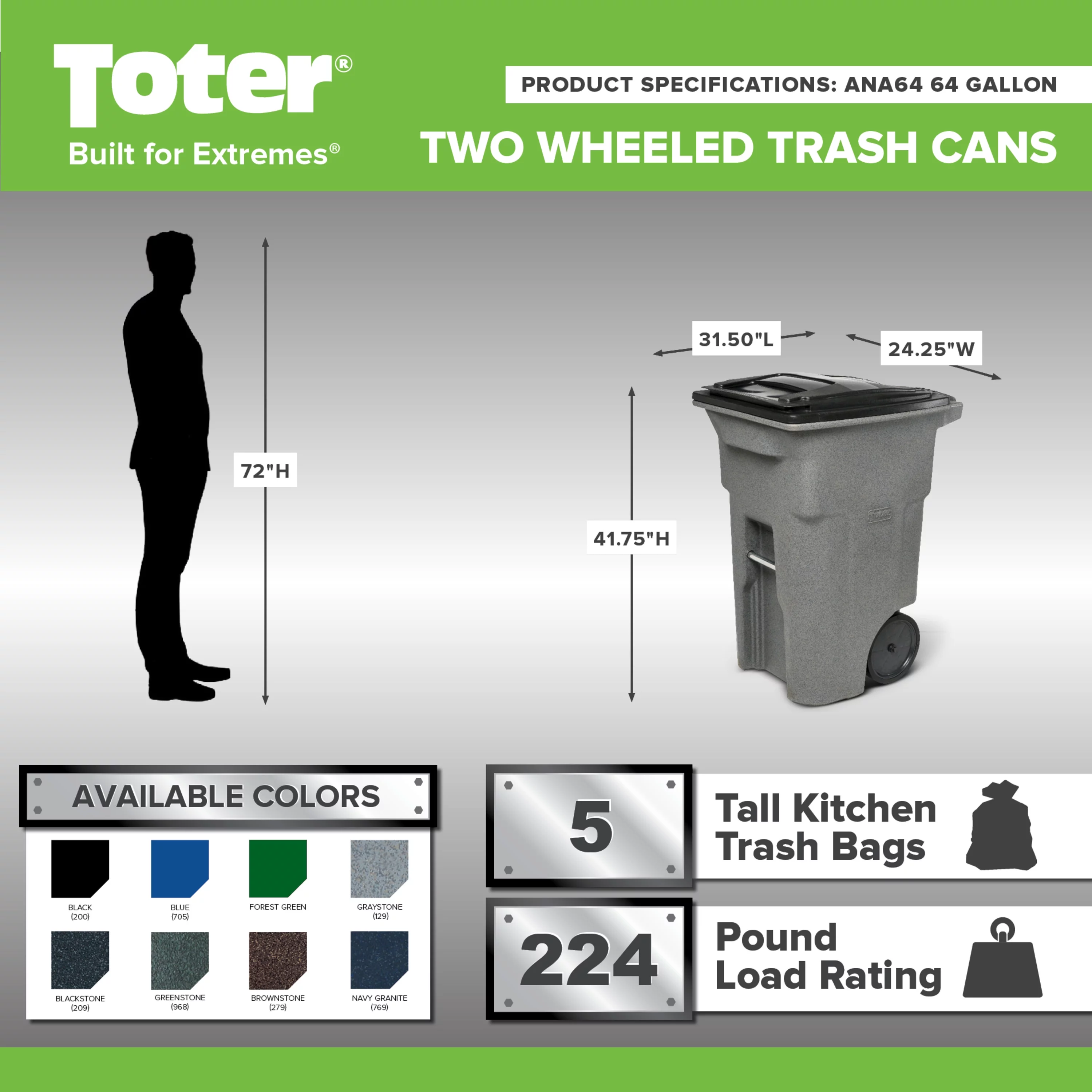 Toter 64 Gal. Trash Can Blackstone with Quiet Wheels and Lid