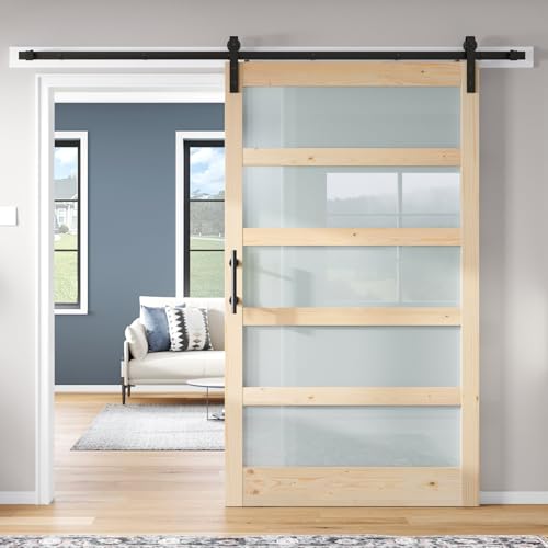 42x84 inch Glass Sliding Barn Door Slab with 7ft Hardware Kit Included, 5-Panel Frosted Glass, Spruce Wood Support DIY Dyeing, Easy Assembly