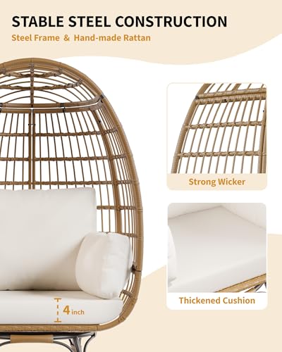 Oversize 360°Swivel Egg Chair Patio Rotating Rattan Egg Basket Lounge Chair, Wicker Egg-Shaped Chair w/Steel Frame Stand and 4 Cushions for Patio