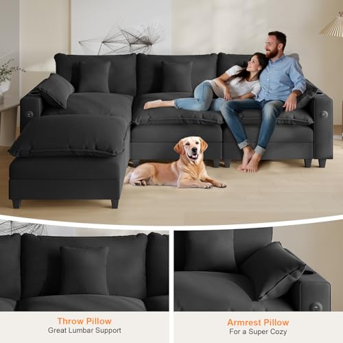 Modular Sectional Sofa, Cloud Couch with Ottoman, Charging Station, Throw Pillows, Cup Holders, Modern Convertible U Shaped Couches for Living Room