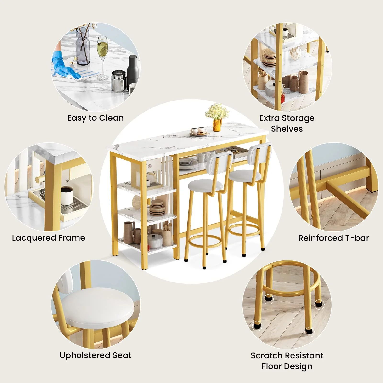 AWQM Bar Table Set, Modern Kitchen Table Set, Bar Counter Height Table Set with 2 PU Upholstered Stools, Dining Table Set with 4 Storage Shelves
