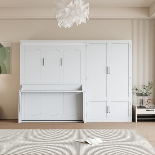 Queen Size Murphy Bed Wall Bed with Desk and Closet,Drawers and Shelves,for Small Spaces Studio Study Office Guest Room Use (Gray#Desk, Queen)