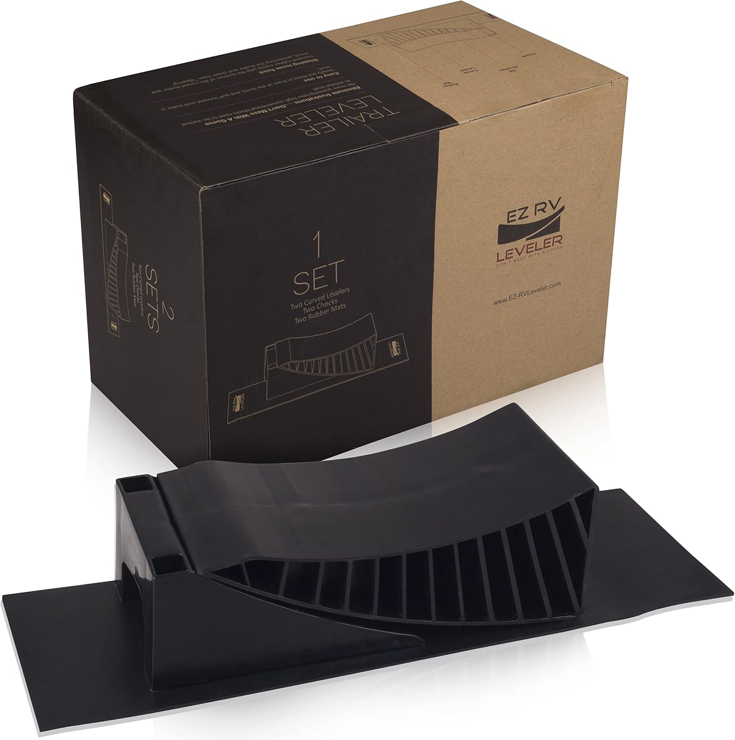 EZ RV Leveler - Curved Leveling Ramp with Chocks and Rubber Mat - RV Trailer Camper Leveling Blocks - 1 Pack for Single Axle Campers