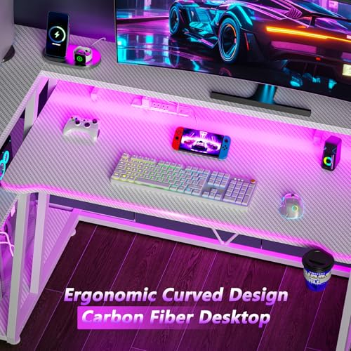 55 Inch Gaming Desk with Power Outlet & LED Lights, L Shaped Gamer Computer Table with Storage Shelves for Bedroom, Corner Home Office Desk