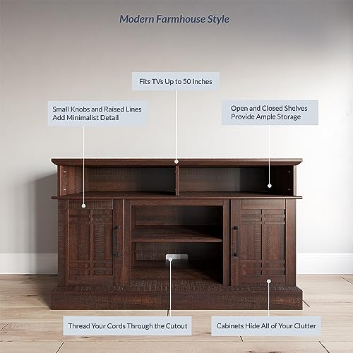 BELLEZE Modern 48" Farmhouse Wood TV Stand & Media Entertainment Center Console Table for TVs up to 50 Inch with Open Storage Shelves & Cabinets