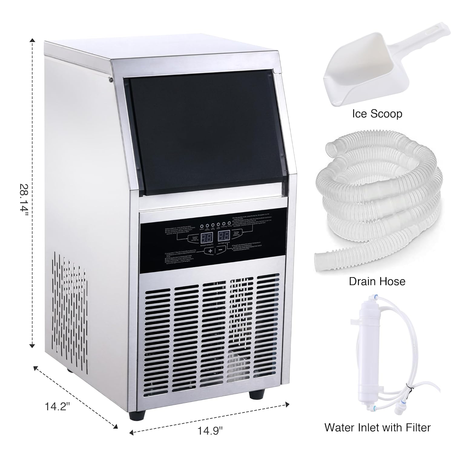 Ice Maker, Commercial Ice Maker Machine 120-130LBS/24H with 28LBS Storage Bin, Freestanding/Under Counter Ice Machine for Home/Party/Bar/Restaurant