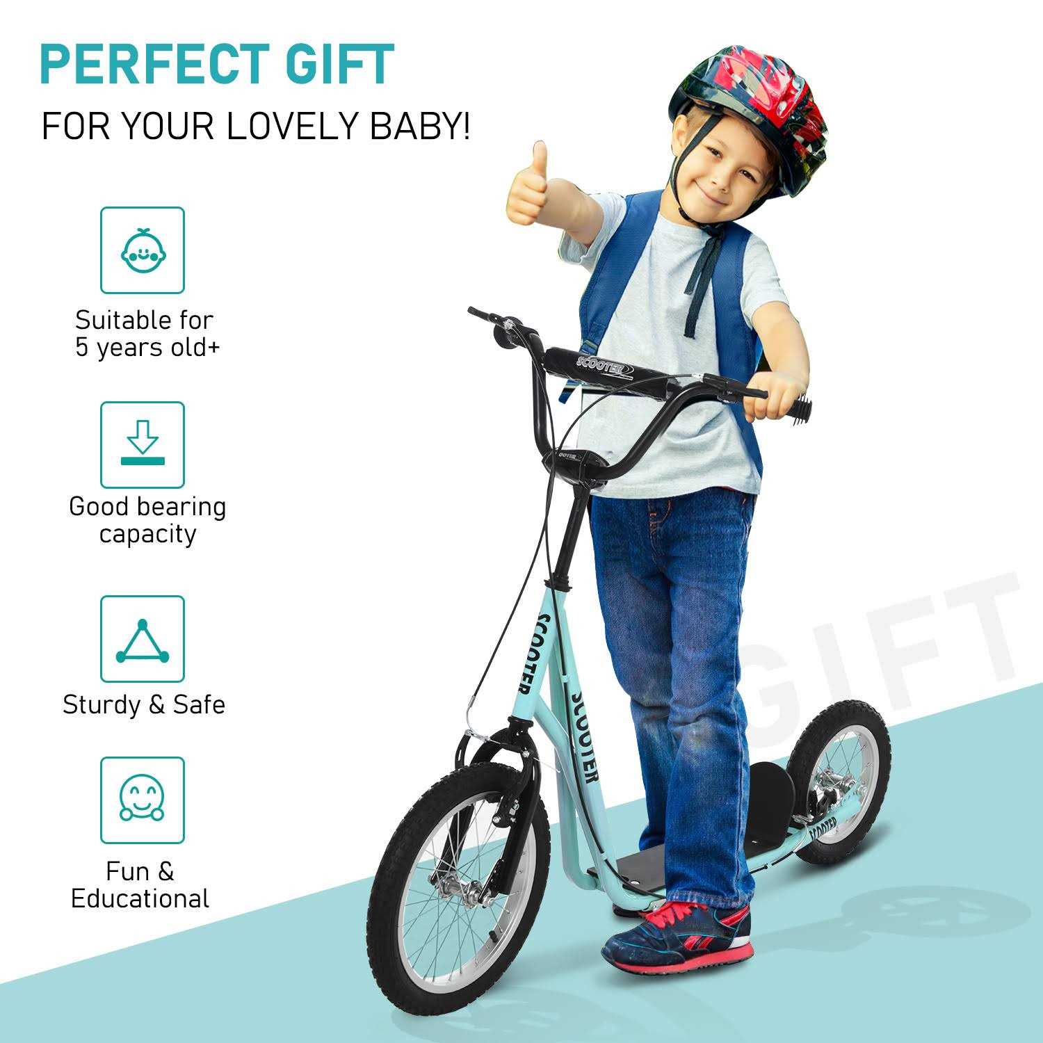 Aosom Youth Kick Scooter Adjustable Handlebar Teens Ride on Toy for 5+ w/ Front and Rear Dual Brakes Inflatable Wheels - Sports Supplies Online Store