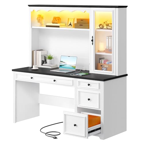 YITAHOME Executive Desk with Hutch and Drawers, Farmhouse Wood Computer Desk with Power Outlet & LED Lights, Home Office Desks with Storage Shelves