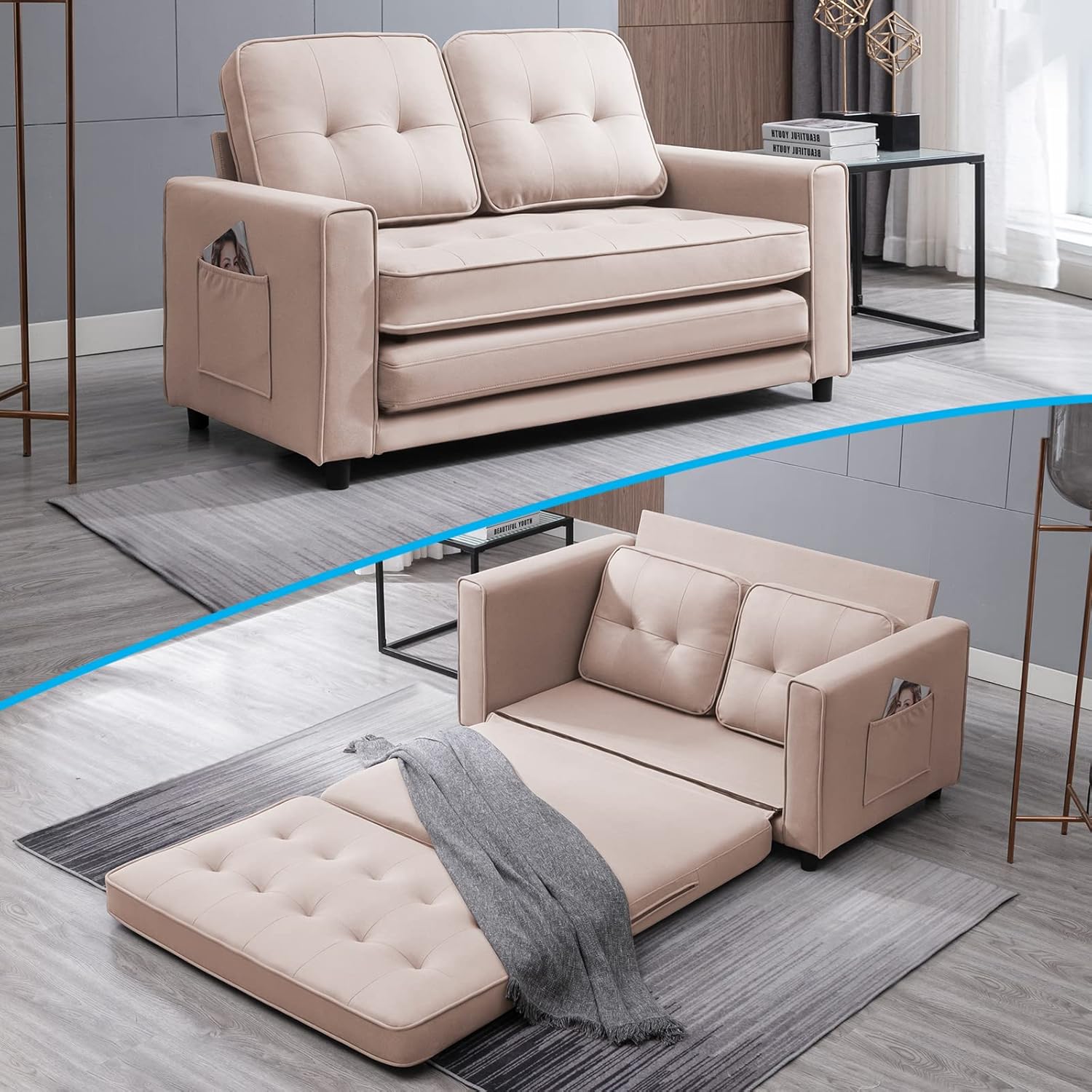 Mjkone 3-in-1 Convertible Pull Out Sofa Bed with Side Pockets, Loveseat Sleeper Sofa Couch for Living Room, Small Apartment (Beige)