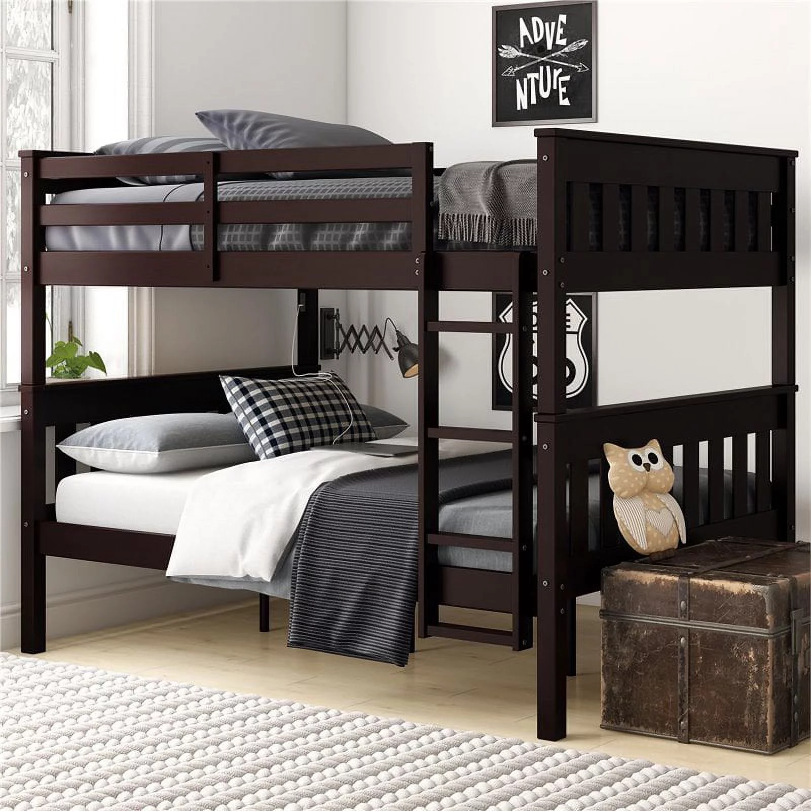 Dorel Living Moon Wood Full over Full Bunk Bed with USB Port in Chocolate