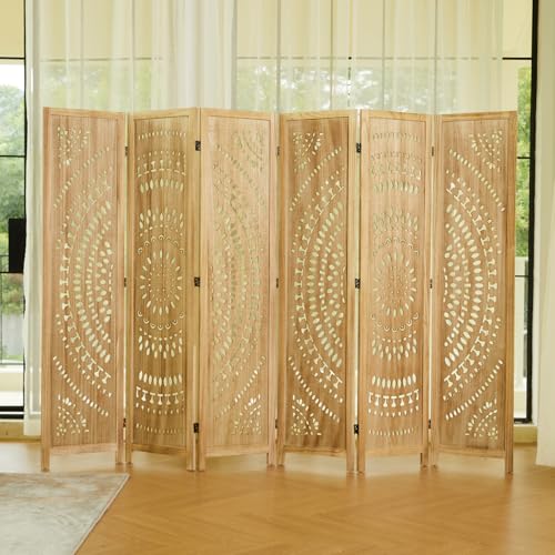 66.9Inch Folding Room Divider, 6 Panels Wood Carved Privacy Screens