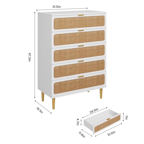Rattan 5 Drawer Dressers for Bedroom, Tall Dresser with Deep Drawers, Large Chest of Drawers for Closet with Wide Top