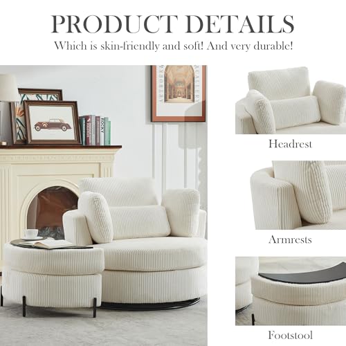 Aoiy & Wifon 42.2" W Oversized Swivel Barrel Chair with Ottoman, Upholstered Round Accent Chair with Storage Ottoman, Chenille, Beige