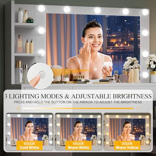 DWVO Vanity Desk with Mirror, Large Makeup Table with Power Outlets, 11 LED Bulbs, 3 Adjustable Light Modes, 4 Drawers and Built-in Shelves
