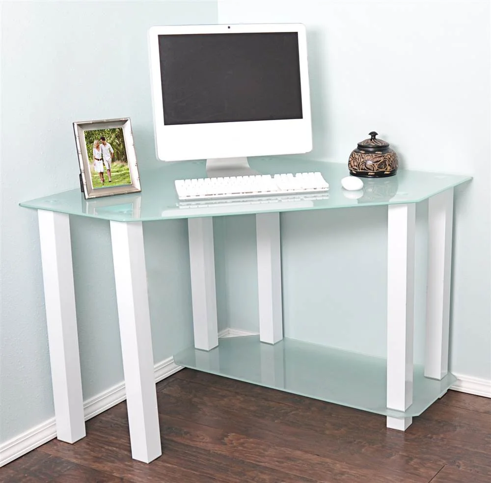 RTA Home & Office  Frosted Tempered Glass Gloss White Corner Computer Desk