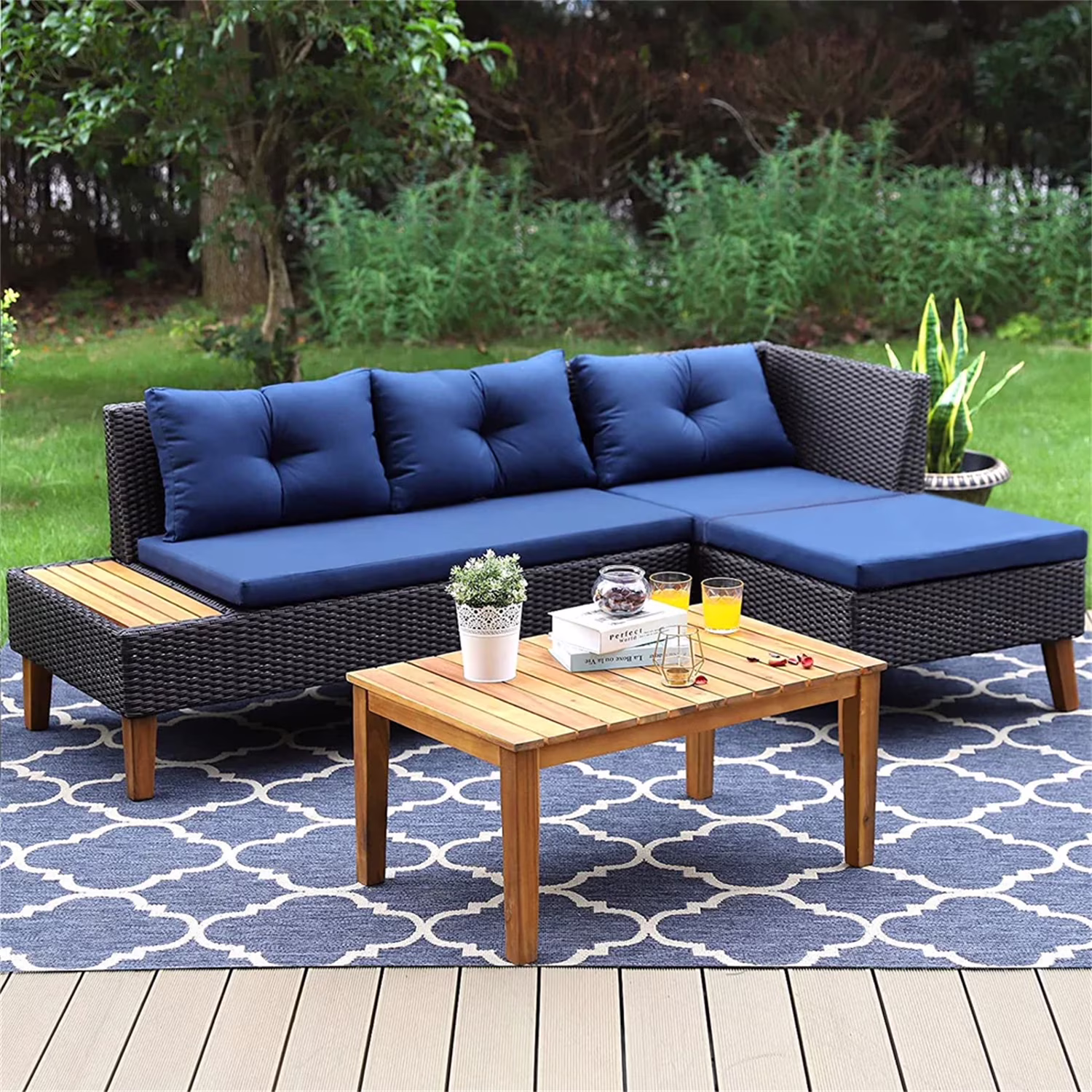 MF Studio 3 Pieces Rattan Patio Sofa Set Conversation Set, Navy Blue