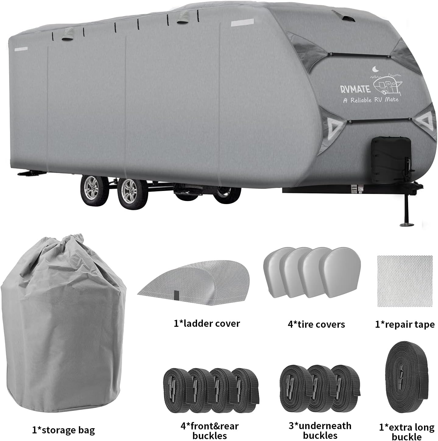 RVMATE Travel Trailer Cover, RV Cover for 24’-27’, Camper Cover with Quick Side Door Access, Air Vent Design, with Maintenance Accessory