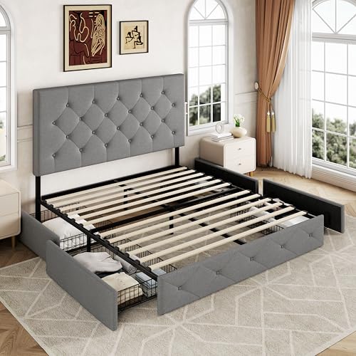 Allewie Upholstered Queen Size Platform Bed Frame with 4 Storage Drawers and Headboard, Square Stitched Button Tufted