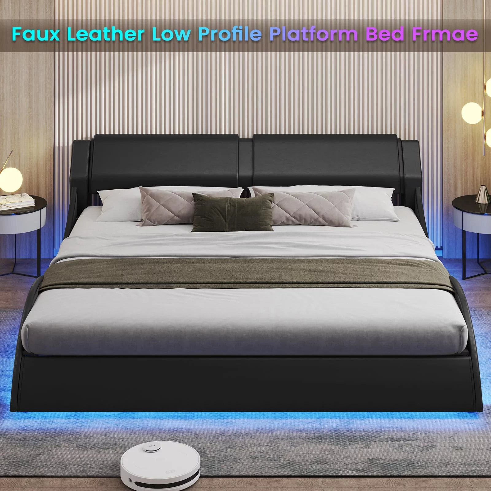 King Size Bed Frame with Headboard,Faux Leather Low Profile Platform Bed Frame with RGB LED Lights,Wave Like Curve King Bed,Black