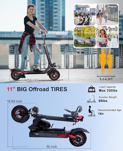 Offroad Electric Scooter with Seat,1200W eScooter for Adults,32 Miles Long Range & 34 Mph Fast Electric Scooters,11" Tires Scooter Height Adjustable