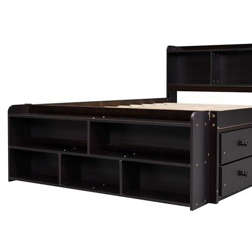 SOFTSEA Full Size Platform Bed with Storage, Platform Bed with Drawers and Bed End Case, Wood Platform Bed Frame with Storage Bookcase Headboard
