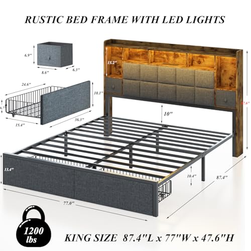 LED Bed Frame Full Size with Bookshelf Headboard, 2 Hidden Storage Drawers, Upholstered Platform Metal Bed Frame with Charging Station
